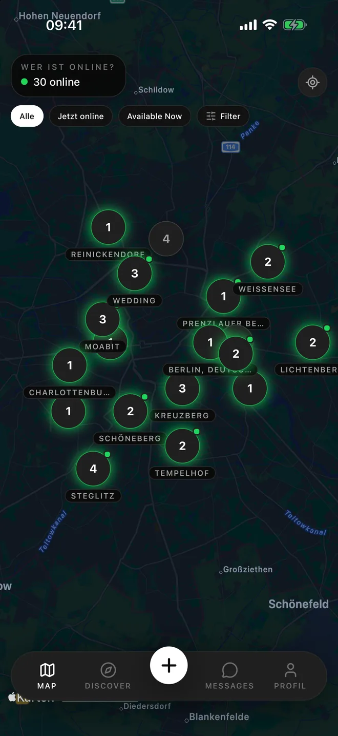 Die Live-Karte in der App: Berliner Stadtteile als Punkte mit der Zahl der gerade Online.